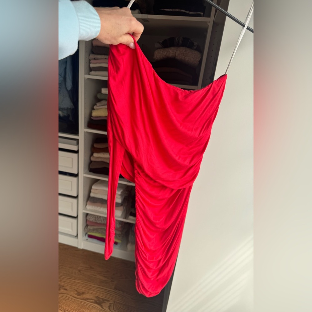 Mystic S One Sleeve Ruched Knit Dress Vivid Coral Pink Used Once